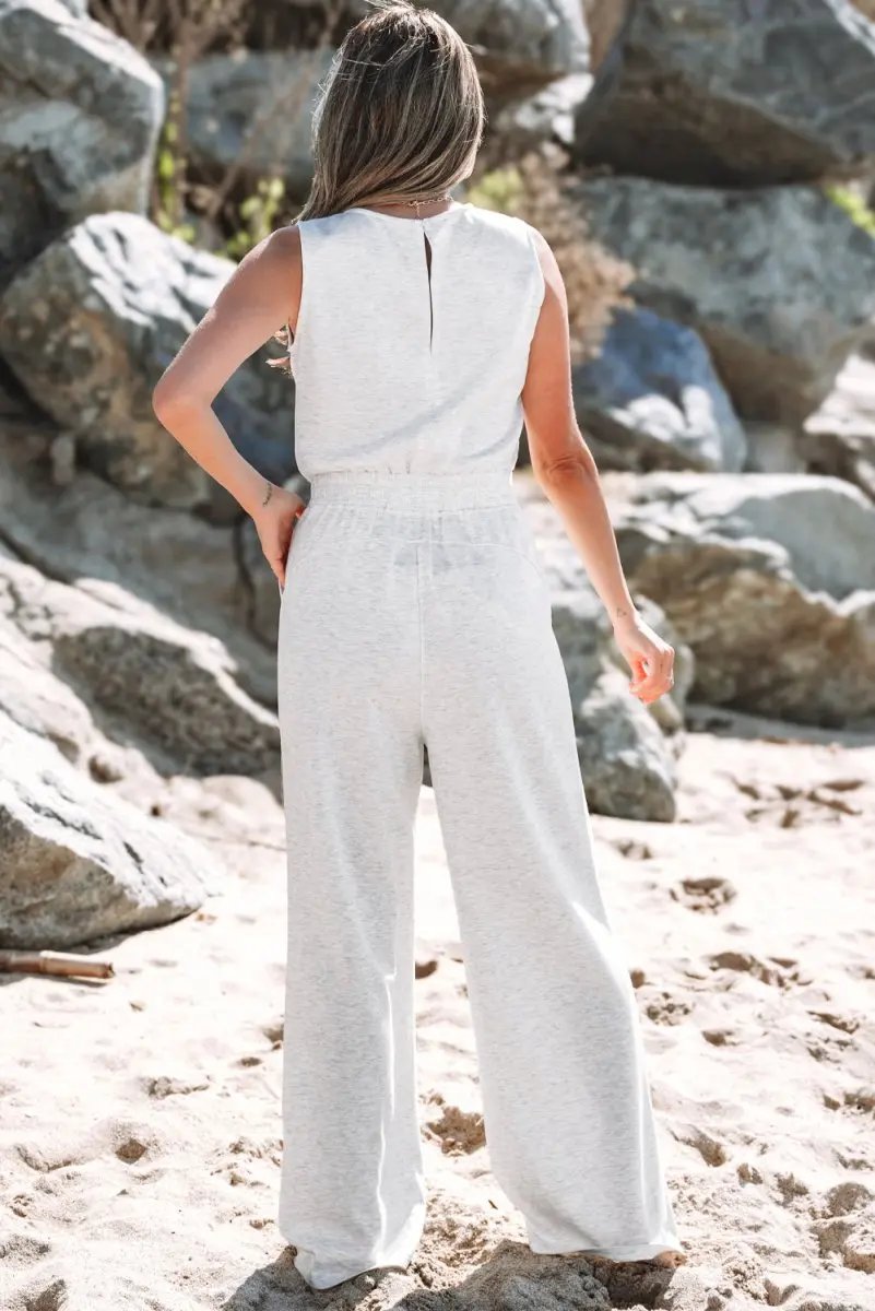 Light Grey Solid Color Crew Neck Drawstring High Waist Jumpsuit - Love Salve